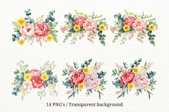 14 PNG Watercolor Floral Clipart Set