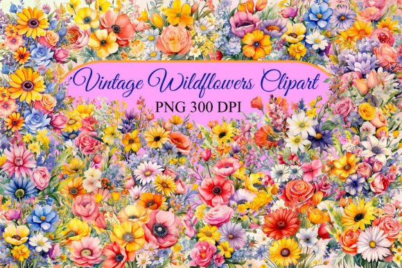 Colorful Vintage Wildflowers Watercolor Clipart