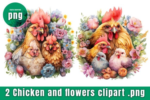 Flowers and Chicken Clipart: Whimsical Watercolor Designs