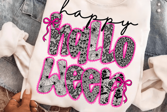 Happy Halloween Lace PNG: Pink Bow Lace for Spooky Elegance