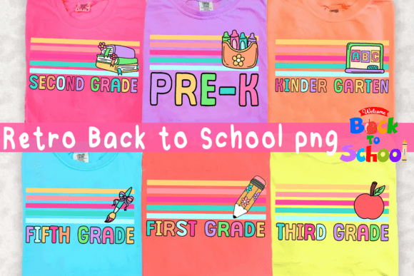 Retro Back to School PNG Bundle: Pre-K to 5th Grade Design Assets