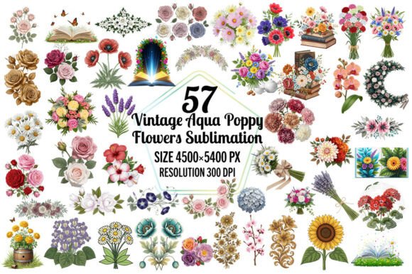 Timeless Elegance: Vintage Aqua Poppy Flowers Sublimation